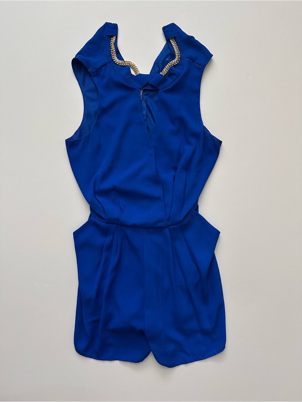 XOXO Royal Blue Sleeveless Romper with Gold Chain Trim